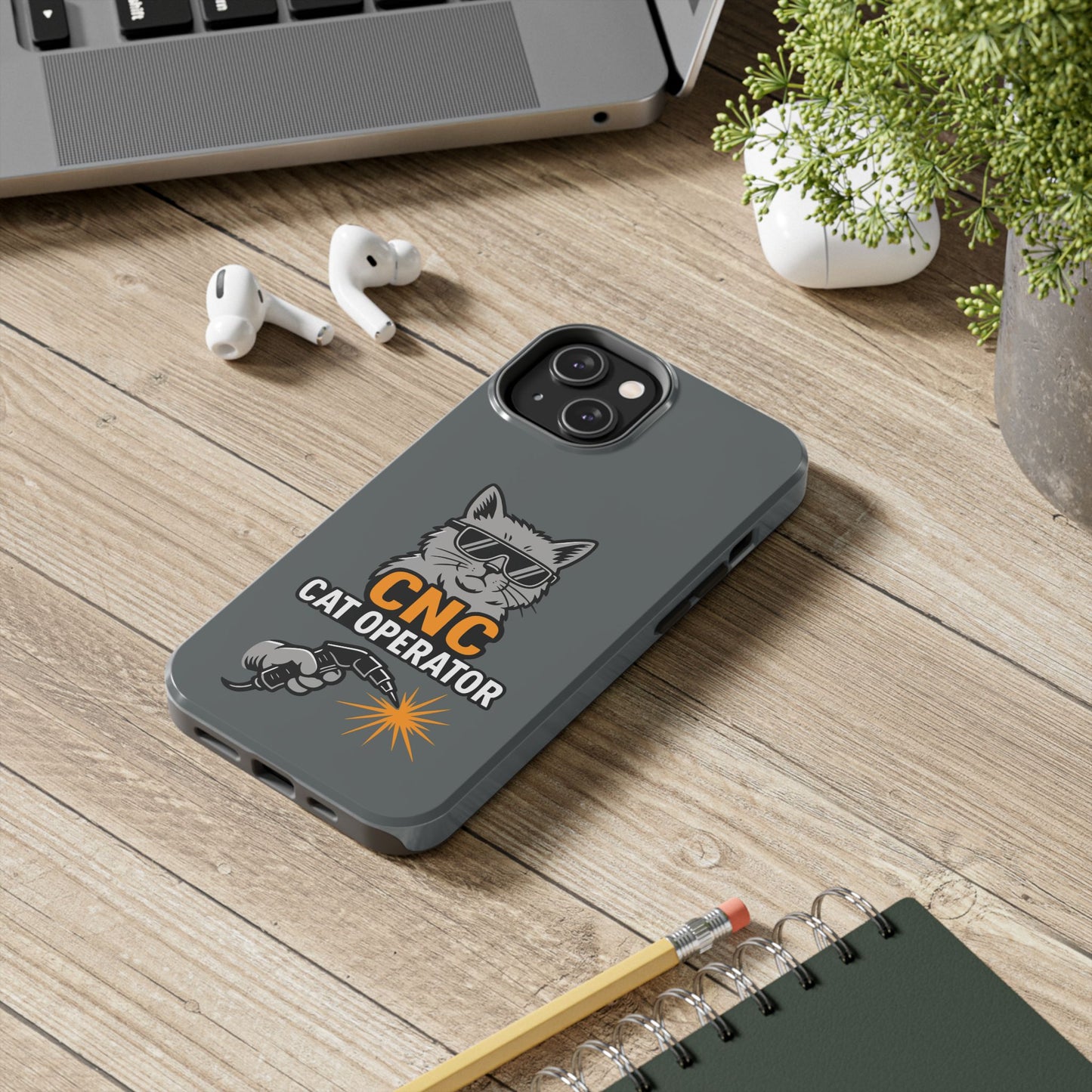 Funny Cat Themed Tough Phone Case, CNC Cat Operator, Gift for Pet Lovers, Unique Phone Cover, Cat Lover Accessory