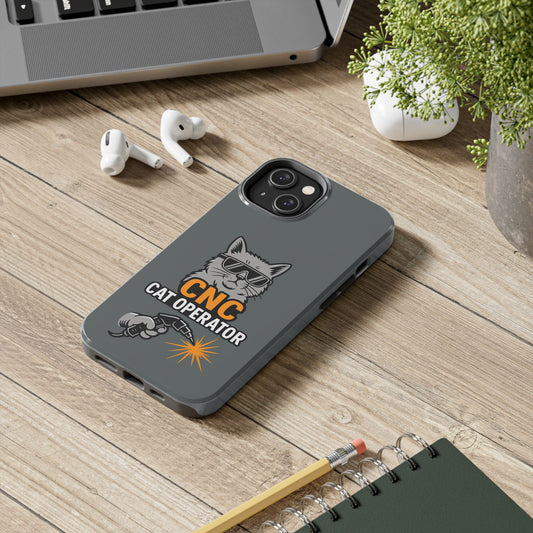 Funny Cat Themed Tough Phone Case, CNC Cat Operator, Gift for Pet Lovers, Unique Phone Cover, Cat Lover Accessory